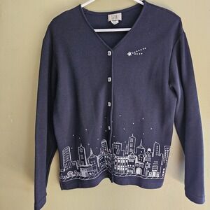 Vintage City Skyline Sweater Medium Long Sleeve Button Down Up Blouse Black NYC